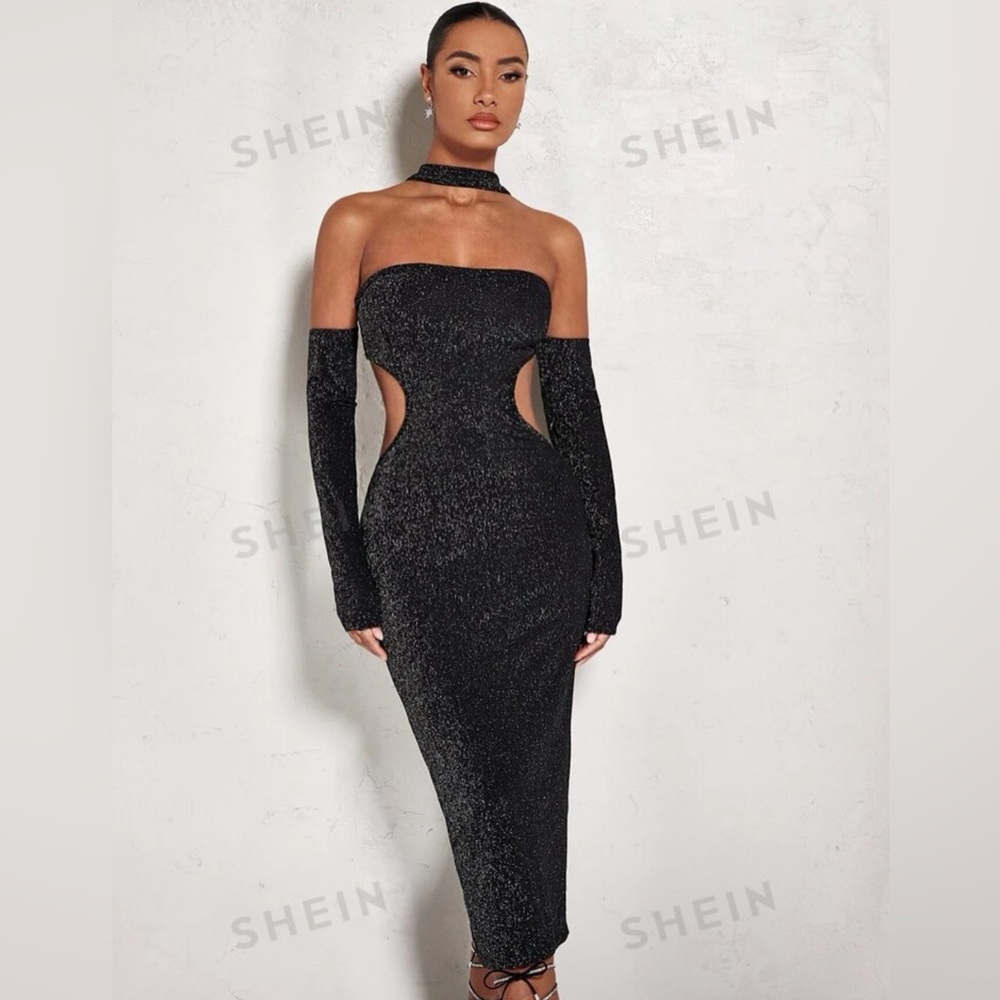 Midi bodycon cut out dress, black glitter.